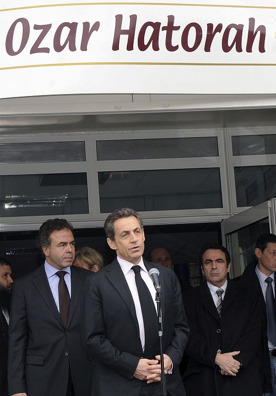 Nicolas Sarkozy, France's President and UMP party candidate for 2012 French presidential election, delivers a speech in front of the "Ozar Hatorah" Jewish school in Toulouse, southwestern France