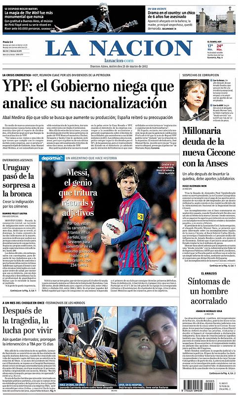 "Messi, el genio que tritura récords y adjetivos", dice La Nación, diario de información general argentino.