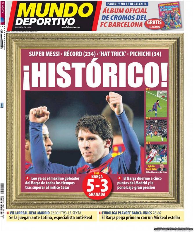 "¡Histórico!", titula el Mundo Deportivo y enmarca a Messi en un cuadro.