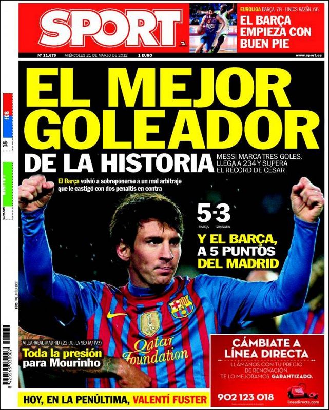"El mejor goleador de la historia", dice el deportivo catalán Sport.