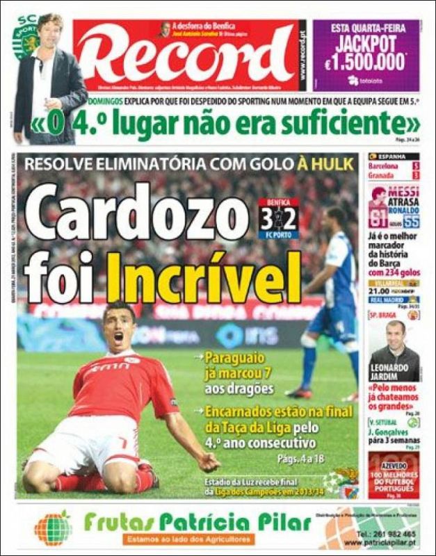 "Messi adelanta a Cristiano Ronaldo", dice el deportivo portugués Récord.