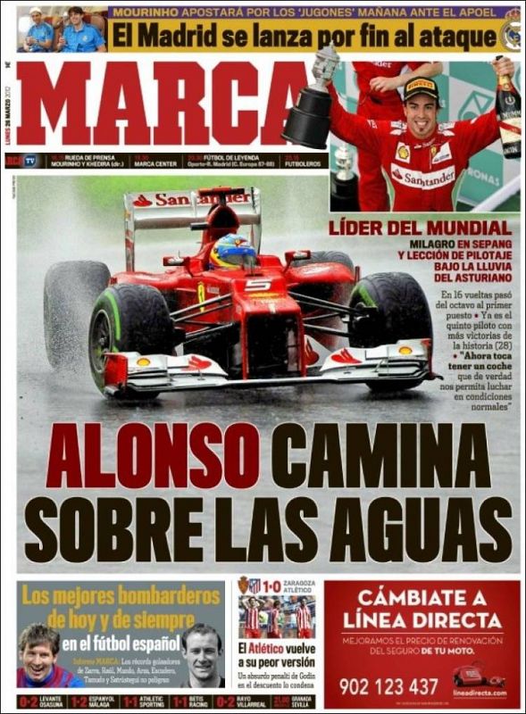 'Marca' titula "Alonso camina sobre las aguas".