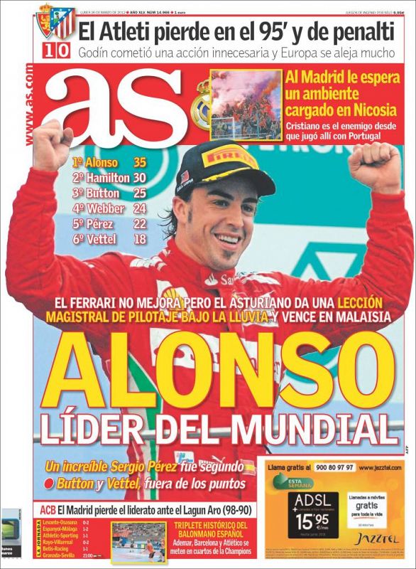 "Alonso líder del Mundial" en la portada de 'As'.