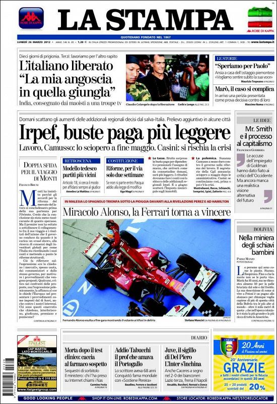 "Milagro Alosno, Ferrari vuelve a ganar" es el titular del rotativo "La Stampa".