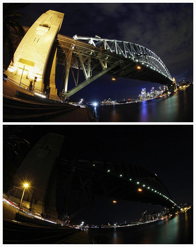 Combo picture shows Sydney Harbour Bridge and city skyline before and during Earth Hour