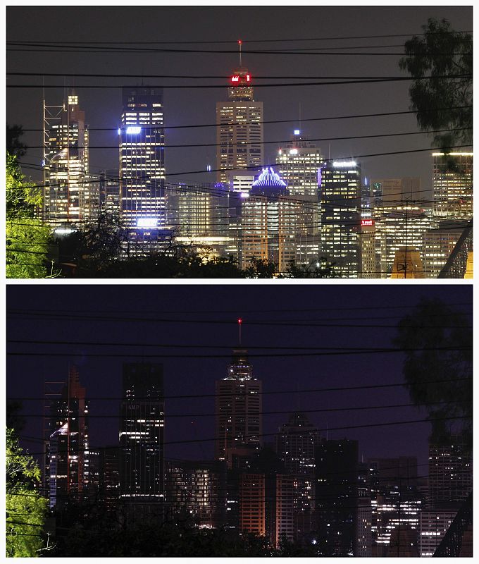 Combo photo shows power lines crossing in front of Sydney city skyline before and during Earth Hour