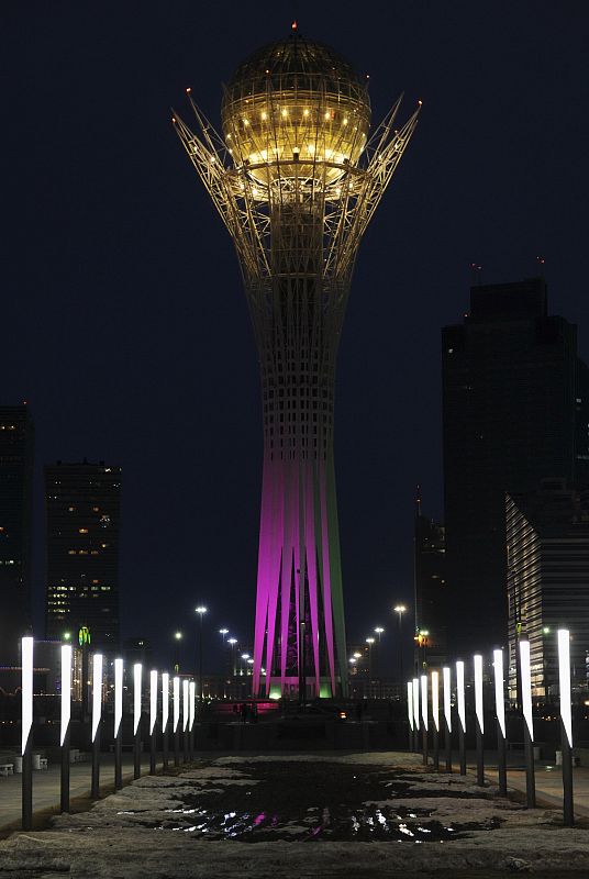 The 97-metre monument Baiterek is seen before Earth Hour in Kazakhstan's capital Astana