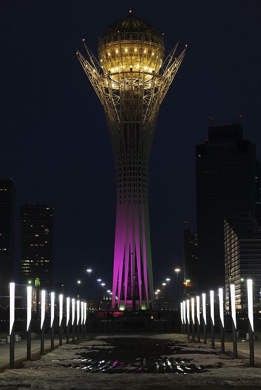 The 97-metre monument Baiterek is seen before Earth Hour in Kazakhstan's capital Astana