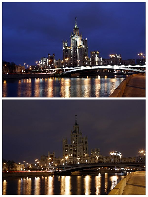 A combination photo shows a Soviet era skyscraper on Kotelnicheskaya Embankment near the Moskva River before and during Earth Hour in Moscow