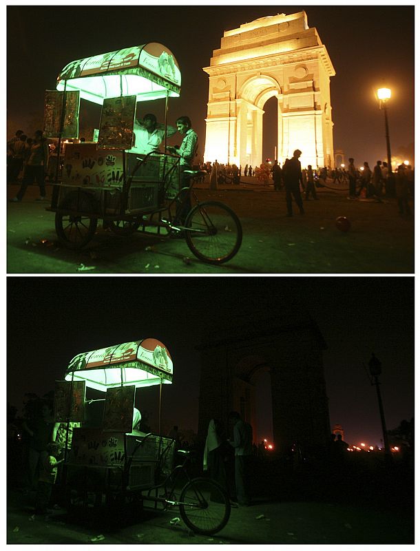 A combination picture shows the India Gate before and during Earth Hour in New Delhi