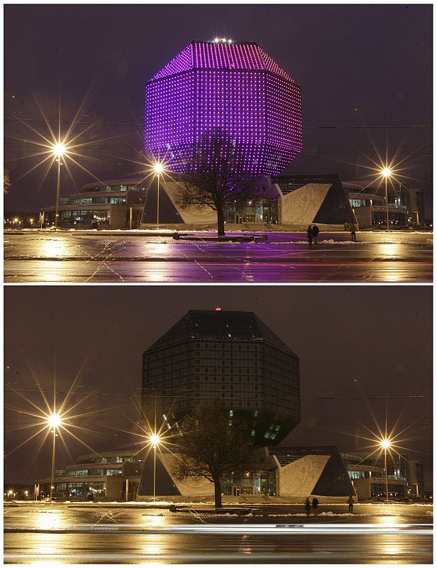 A combination picture shows the national library before and during Earth Hour in Minsk