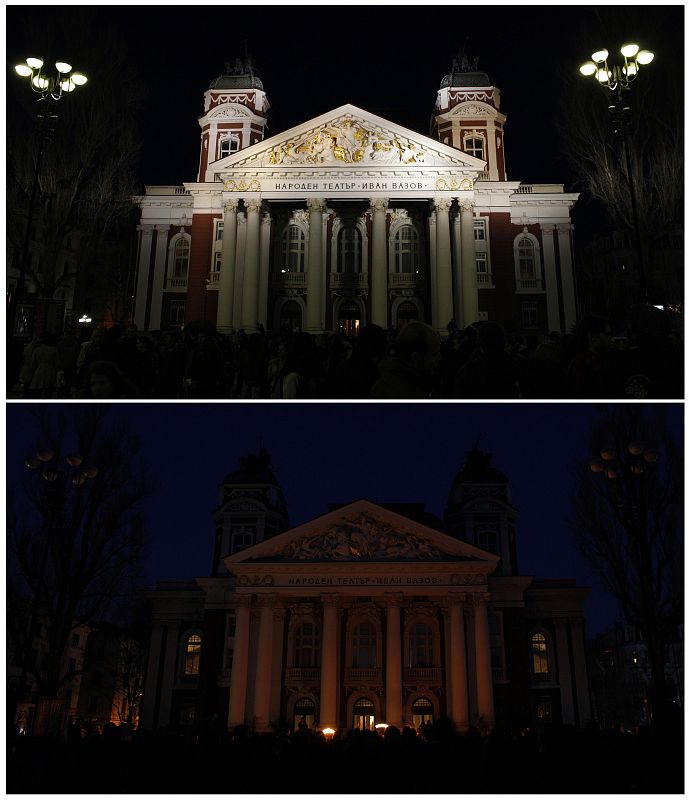 Combination picture shows Ivan Vazov national theatre before and during Earth Hour in Sofia