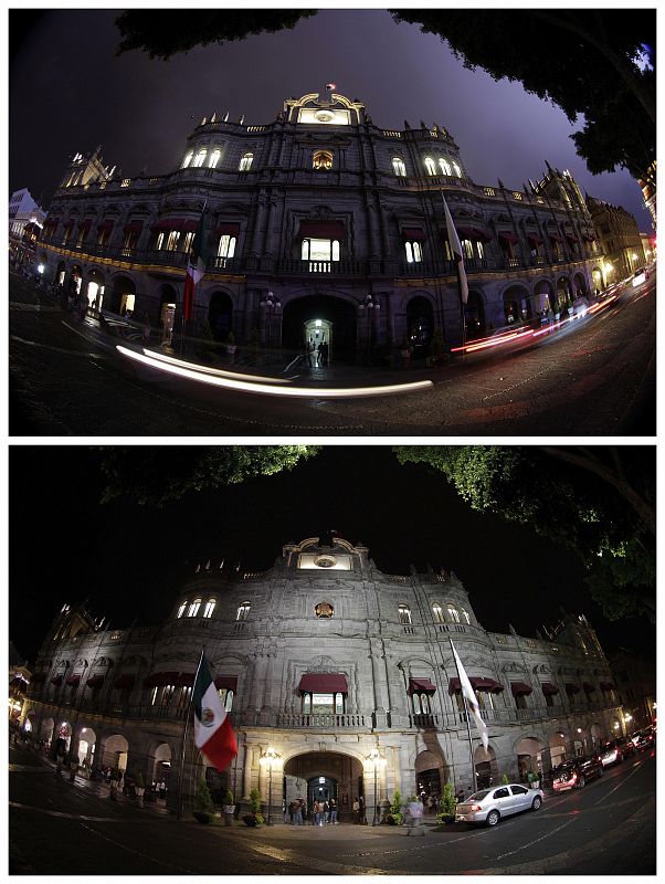Combination photo shows City Hall of Puebla with lights turned off and with lights turned back on for Earth Hour in Puebla