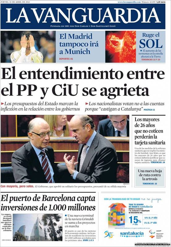 "El Madrid tampoco irá a Múnich", es el lacónico titular de La Vanguardia, que da mayor protagonismo a otras informaciones.