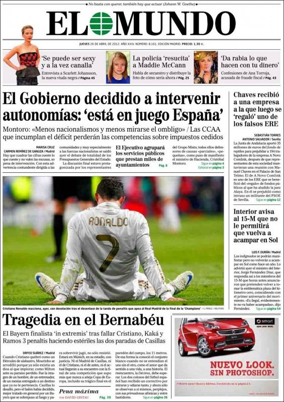 El Mundo ilustra con la misma imagen que El País, con Cristiano Ronaldo en el suelo y de espaldas y con el titular "Tragedia en el Bernabéu"