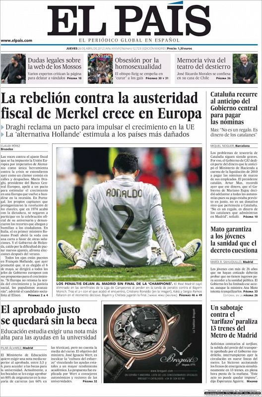 Un Cristiano Ronaldo abatido, sentado y de espaldas, ilustra la portada de El País para dar cuenta de la eliminación del Real Madrid en la Liga de Campeones.
