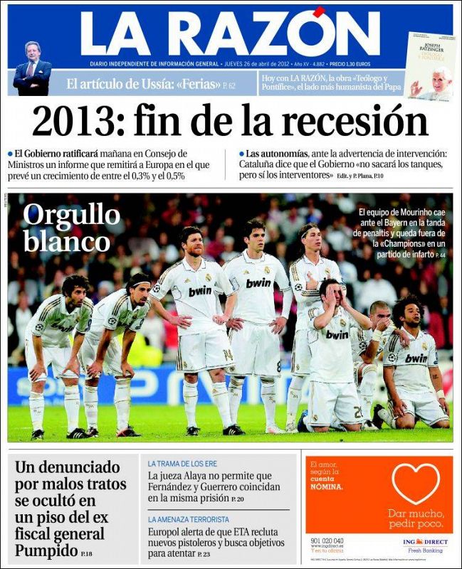 Aunque la foto de La Razón muestra a un Madrid herido, el titular "Orgullo blanco" quier dar fe de un "partido de infarto".