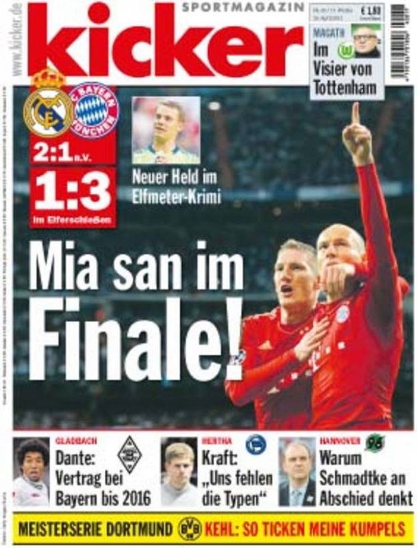 Mia san im Finale!" (Estamos en la final) titula en dialecto bávaro el rotativo deportivo Kicker, que califica a Neuer de "nuevo héroe en el 'krimi' de los penaltis" y destaca que "el sueño bávaro se ha cumplido.