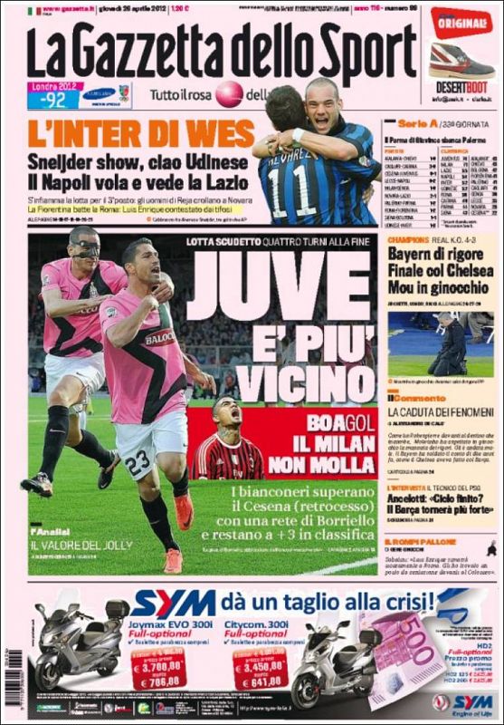 Aunque la prensa italiana se centra en la lucha liguera entre Juventus y Milan, la imagen de Mourinho arrodillado y del pase a la final del Bayern ocupa un lugar en su portada.