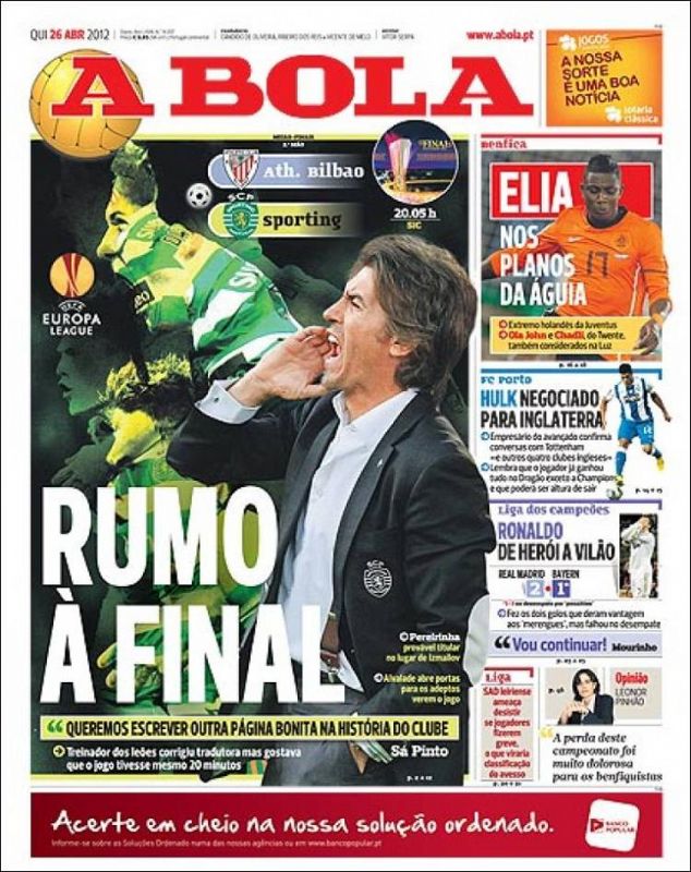 La prensa portuguesa se centra en la semifinal de Europa League que enfrenta al Sporting de Portugal y al Athletic de Bilbao, pero recogen la noticia de un Ronaldo que pasa de héroe a villano por su fallo en el penalti.