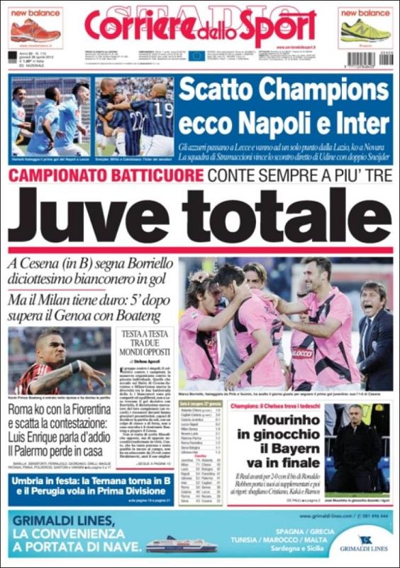 La imagen de Mourinho de rodillas ilustra la portada y el titular del rotativo italiano Corriere dello Sport