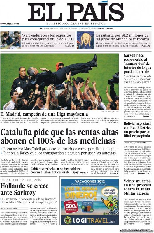 El diario de información general, El País, abre su portada con el manteo de Mourinho por sus jugadores tras la consecución de la Liga por el Real Madrid. "El Madrid, campeón de una Liga mayúscula", escriben en su primera.