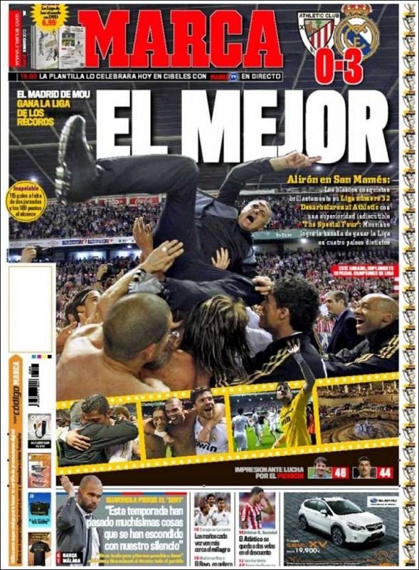 El diario deportivo Marca titula "El Mejor" con la foto de Mourinho manteado por sus jugadores al finalizar el partido frente al Athletic de Bilbao y que dio la Liga al Real Madrid.