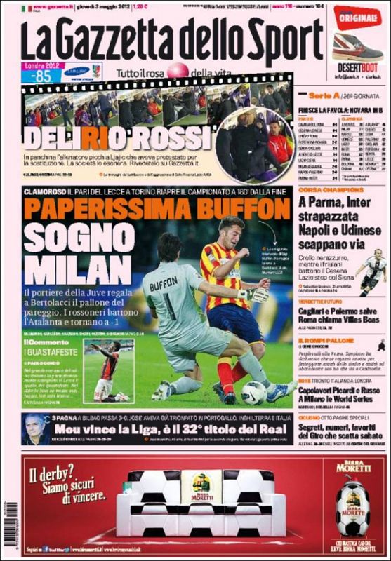 El diario deportivo italiano, La Gazzetta dello Sport, también lleva el nuevo título del Real Madrid a su portada. "Mourinho consigue la Liga, la 32ª del Real" titulan.