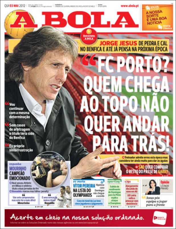 A Bola, diario deportivo portugués, titula "Mourinho, campeón emocionado" con una foto del técnico luso del Real Madrid ante la consecución de la 32ª Liga por el conjunto blanco.