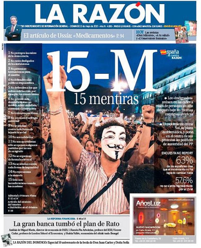 Portada de 'La Razón' en el primer aniversario del 15M
