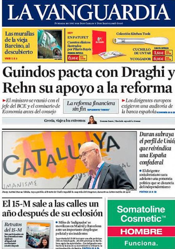 Portada de 'La Vanguardia' en el primer aniversario del 15M