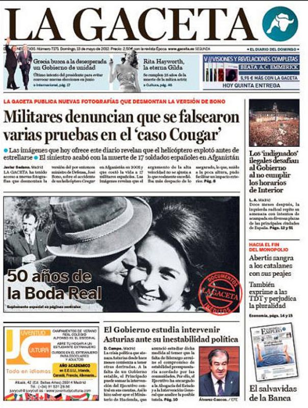 Portada de 'La Gaceta' en el primer aniversario del 15M