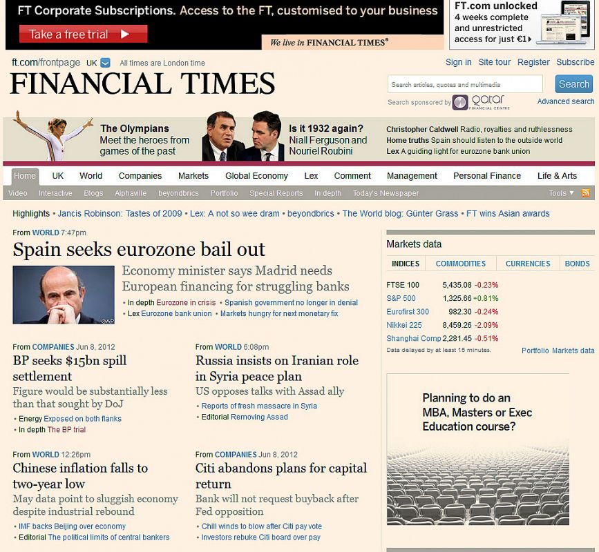 El rescate a la banca española en la edición digital del 'Financial Times'