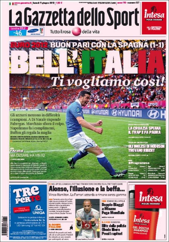 La Gazzetta dello Sport se muestra más satisfecha con su selección italiana