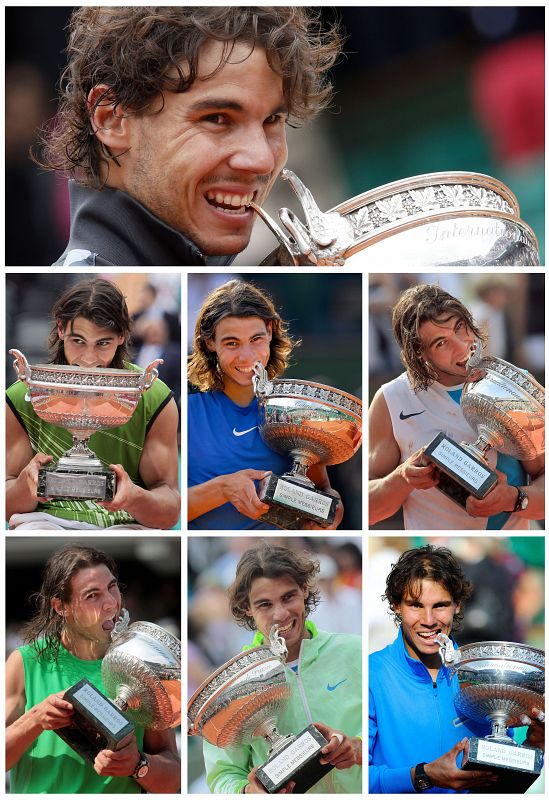 Rafael Nadal con sus siete copas de campeón de Roland Garros