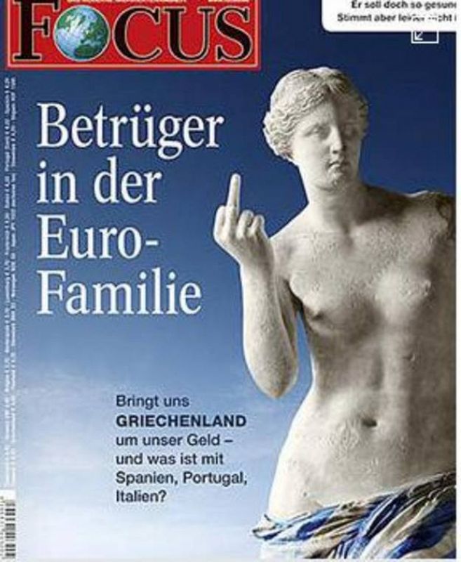 "Mentirosos de la familia euro", dice la Venus de Milo en gesto grosero en la revista liberal alemana Focus.