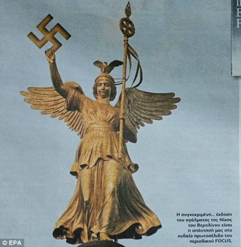  En el diario Eleftheros Typos la tradicional imagen de la diosa en la columna de la victoria de Berlín sostiene una esvástica en lugar de la corona de laurel.