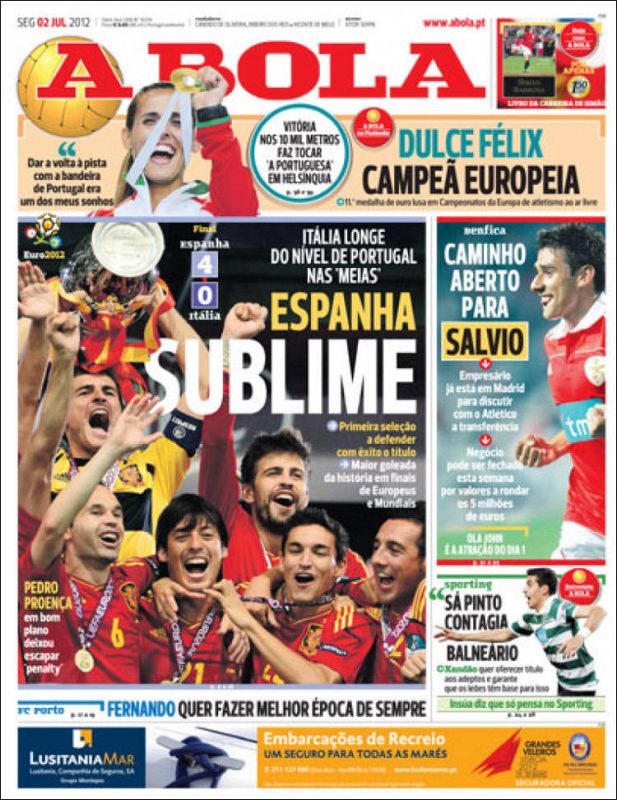 El diario deportivo portugués 'A Bola' abre su portada con el triunfo de España en la Eurocopa: "Sublime España".