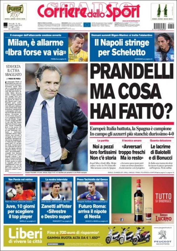 El Corriere dello Sport abre con una foto del seleccionador italiano y le culpa de la derrota ante España: "Prandelli, ¿pero qué has hecho?".