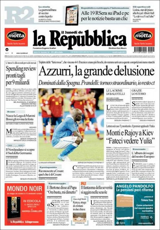 'La Reppublica', diario italiano de información general, también abre su portada con la derrota de su selección ante España: "Selección italiana, la gran decepción", titulan.