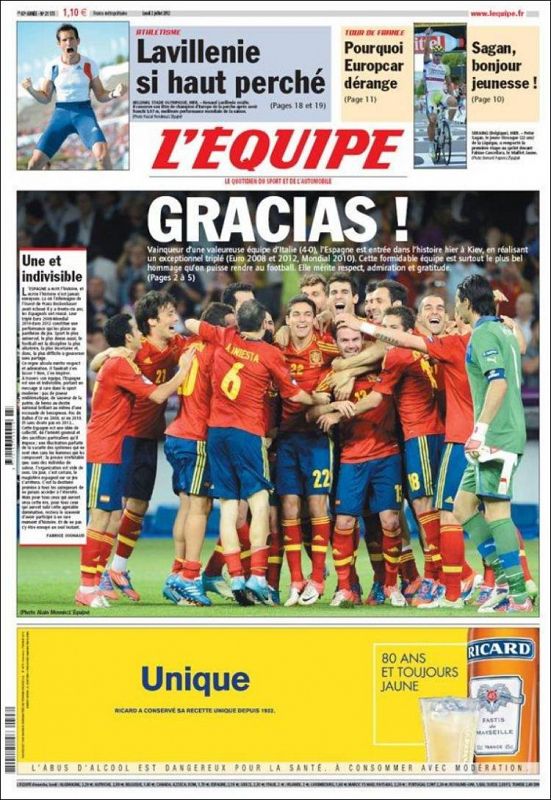 "¡Gracias!", titula en español el diario deportivo "L'Équipe" en portada sobre la foto de los campeones de Europa celebrando su triunfo.