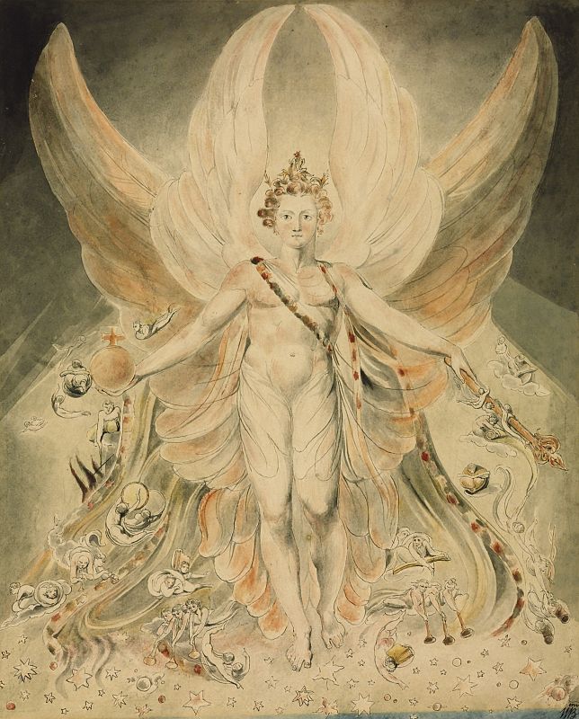 William Blake. Satán en su gloria original: «Perfecto eras hasta que se halló en ti maldad». c. 1805. Pluma, tinta y acuarela sobre papel.