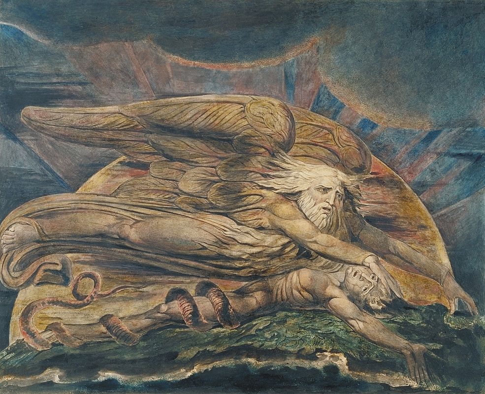 William Blake. Elohim crea a Adán. 1795, ¿c. 1805?. Grabado en color acabado en tinta y acuarela sobre papel