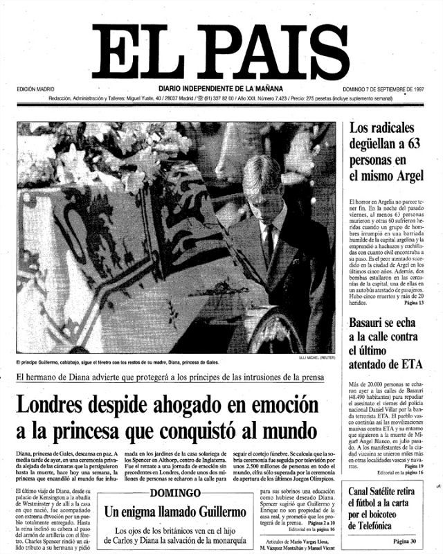 Portada de 'El País' del domingo 7 de septiembre de 1997