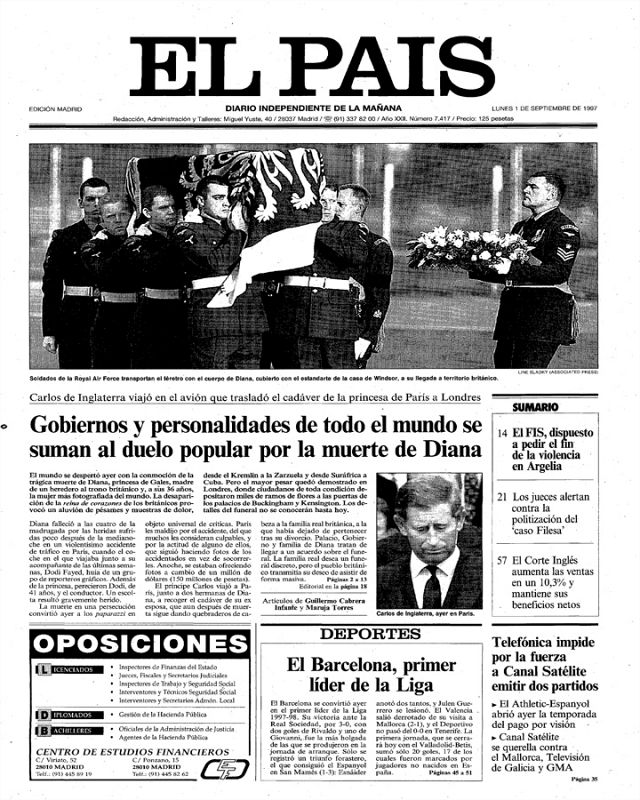 Portada de 'El Pais'. Lunes 1 de septiembre 1997