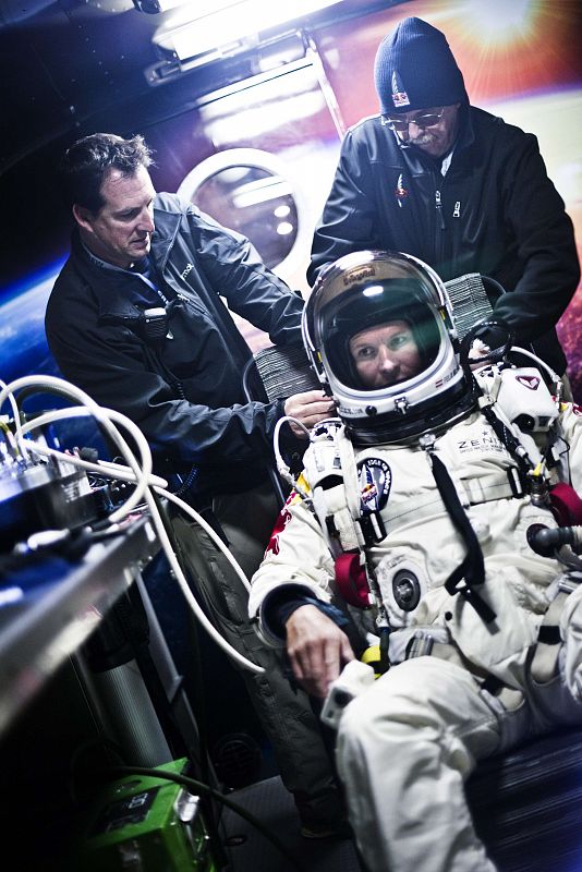 Handout photo of pilot Felix Baumgartner of Austria sitting in his trailer during the final manned flight for Red Bull Stratos in Roswell