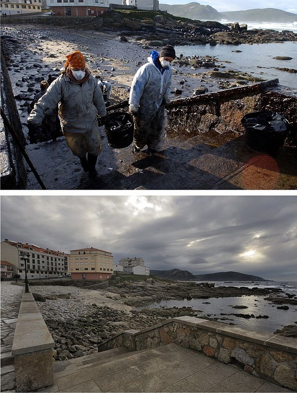 En la imagen de arriba, dos voluntarios recogen chapapote en Muxia en noviembre de 2002. La imagen de abajo, tomada diez años después, muestra cómo está ahora el mismo lugar.