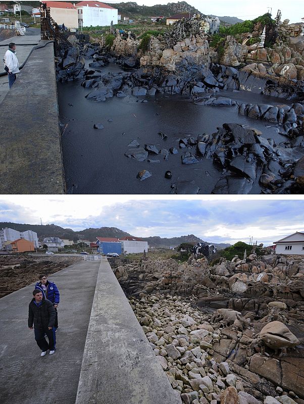 Imagen de una playa gallega después de la catástrofe del Prestige y de cómo se encuentra el mismo lugar diez años después.