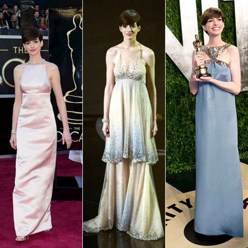 Anne Hathaway lució hasta tres vestidos. Un Prada, un Armani y un Saint Laurent.