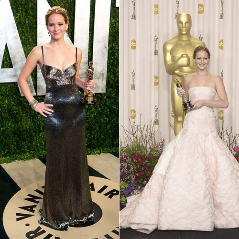 Jennifer Lawrence pisó la alfombra roja y recogió su Oscar con un vestido de Dior pero para la fiesta posterior se puso un disepo de Calvin Klein Collecion.